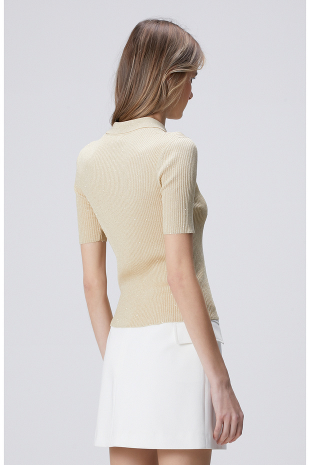 Bej Sim Dokulu Kısa Kol Triko - 5