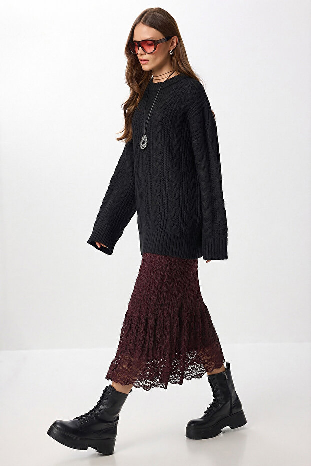 Lined Summer Midi Lace Skirt Lcr0109 Mürdüm