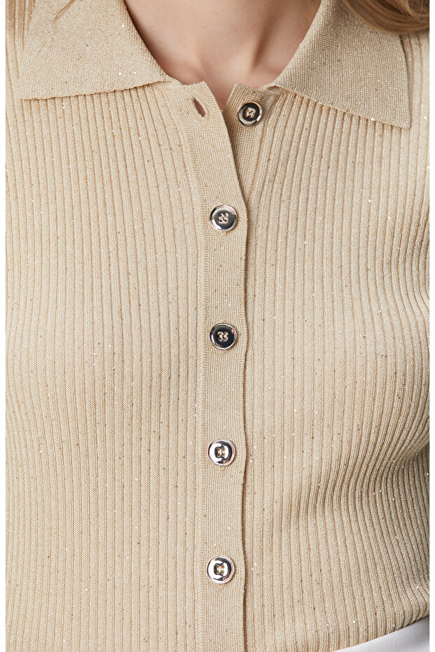 Bej Sim Dokulu Kısa Kol Triko - 6