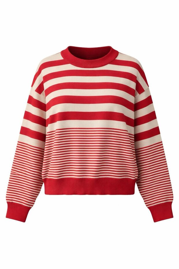 Kırmızı Bej Çizgili Basic Kazak - 3