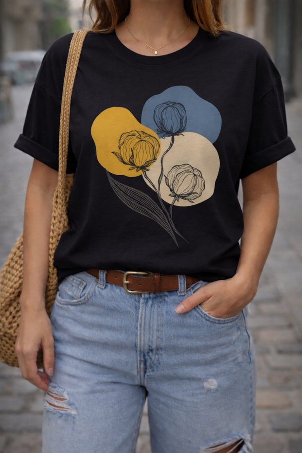 Abstract Flowers and Colorful Shapes Printed Cotton Relaxed Fit Round Neck Unisex T-Shirt