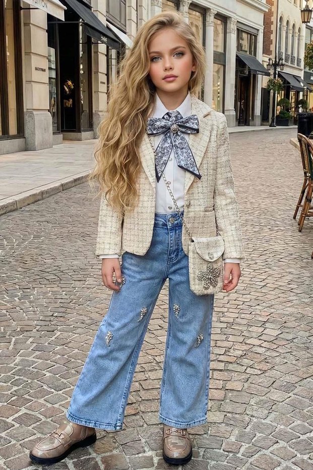 Girl's Chiffon Shirt with Scarf, Chanel Ecru Jacket and Stone Detailed Loose-Fit Trousers Top and Bottom Set