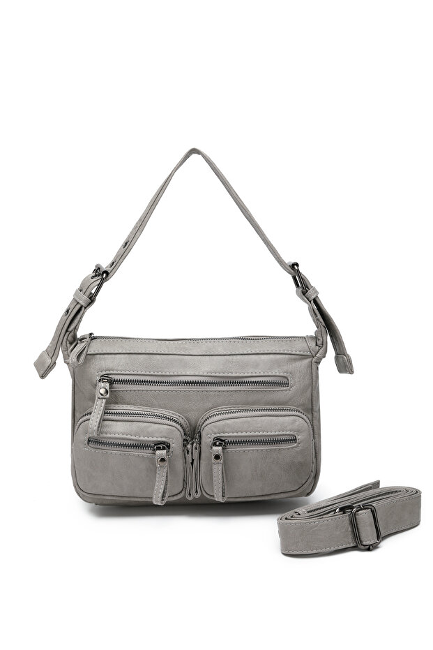 Washable Light Gray Leather Light Gray Multi-Compartment Stylish Shoulder and Crossbody Bag