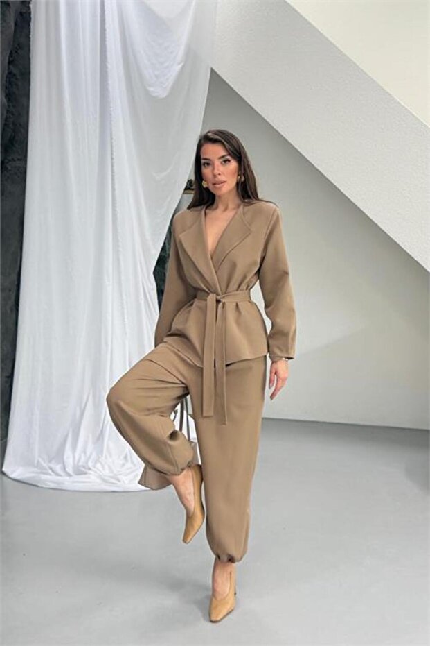 Mink Brown Belt Detailed Oversized Shalwar Pants Blazer Jacket Suit Nbnp023