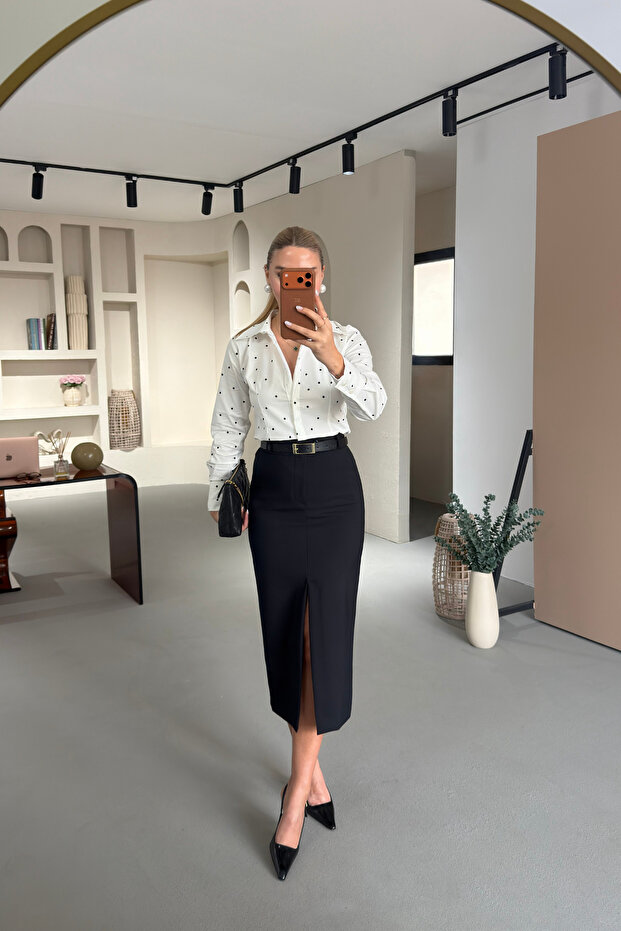 Black Pencil Skirt with Belted Front Slit Detail