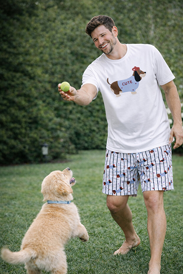 Men's Cotton Dog Print Pocketed Shorts Pajama Set
