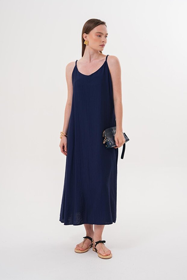 Women's Navy Blue Rope Strap Muslin Long Dress with Side Slits