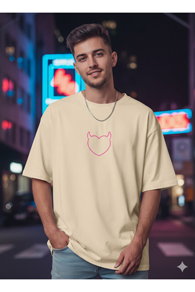 Men's Devil Horned Heart Printed Oversize T-Shirt Loose Fit