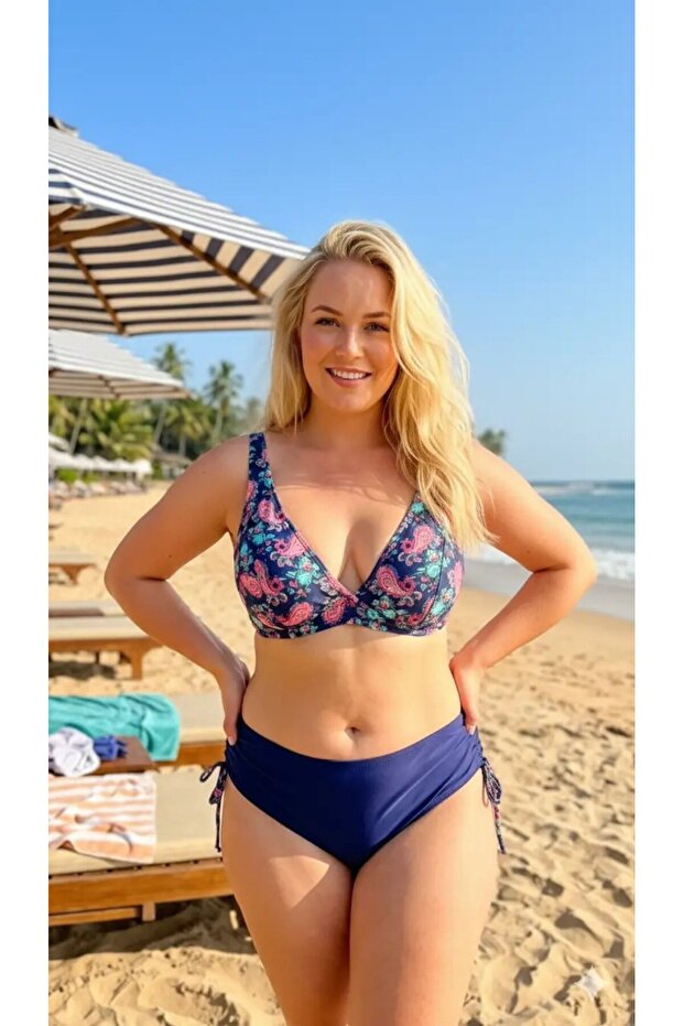 Women's Navy Blue Pink Paisley Patterned Lined Large Size Bikini Set Hzl26S-Lc3341