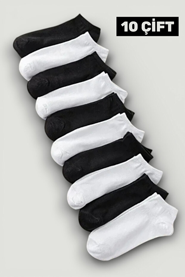 10 Pairs Cotton Short Slipper Socks – Men's & Women's Ankle-Length Black White Sock Set