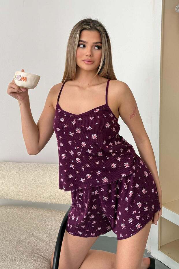 Women's Strappy Floral Patterned Shorts Pajama Set Purple - 3300