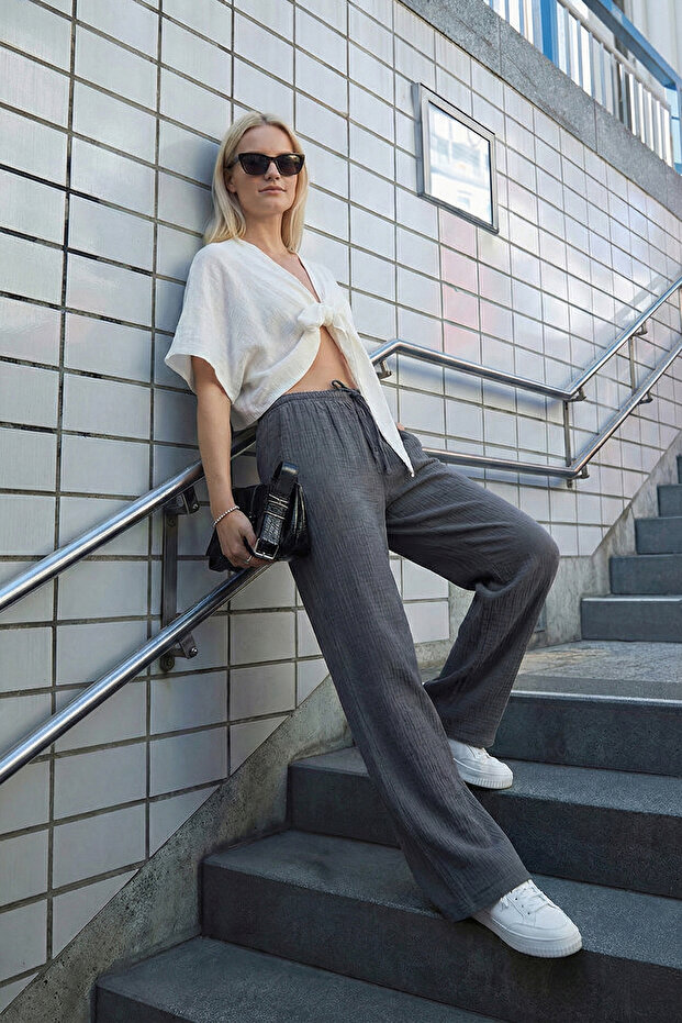 Cotton Relaxed Fit Wide Leg Muslin Trousers Pants 668Yp5502