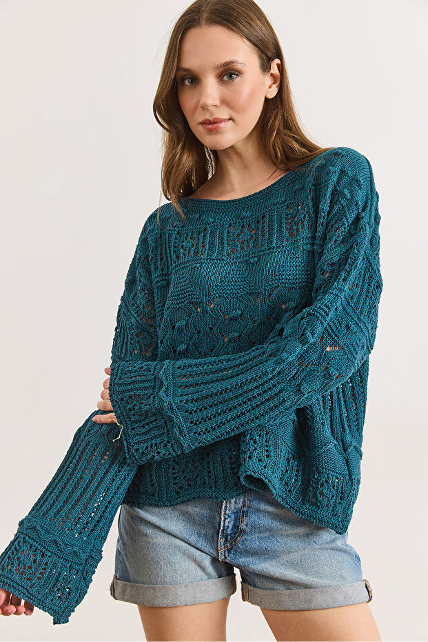 Women's Petrol Blue Tiny Pompom Openwork Cotton Knitwear Blouse Blz-19002336