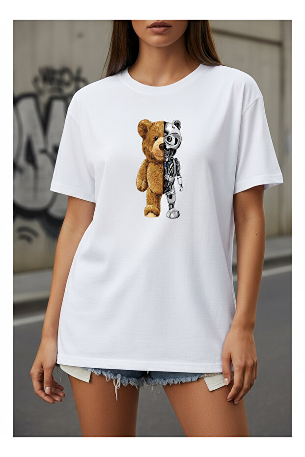White Women's Teddy Bear Robot Printed Cotton T-Shirt Oversize Unisex Stylish Patterned T-Shirt