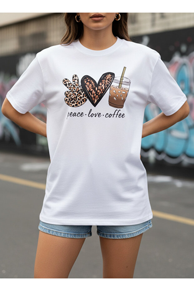 White Women's Coffee Printed Cotton T-Shirt Oversize Peace Love Coffee Patterned Women's T-Shirt
