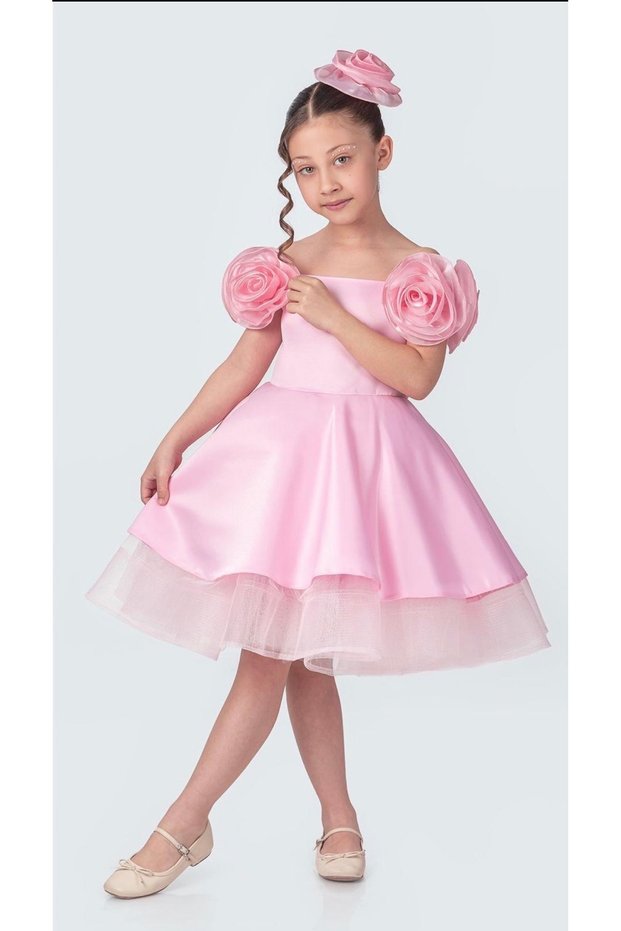 Babyaden Detachable Buckle Boat Neck Satin Evening Dress with Rose Details Birthday Costume Girl Child Dress