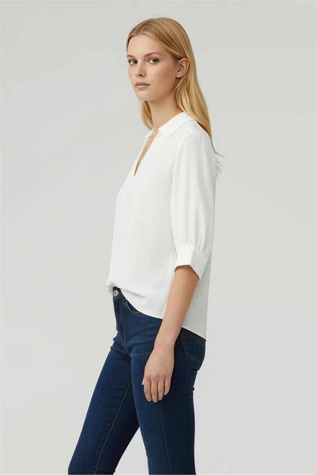 Ekru Gömlek Yaka Bluz - 2