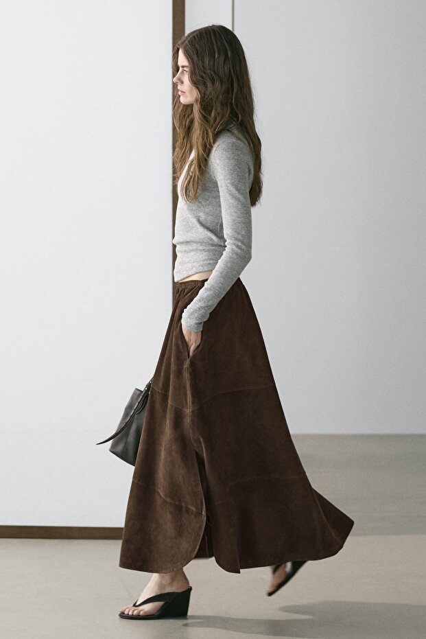 Süet deri midi etek - 2