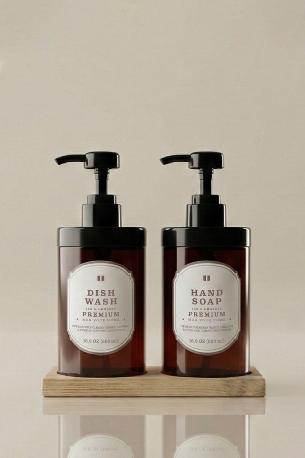 Set of 2 Amber Kitchen Soap Dispensers with Wooden Stands 400 ml - Detergent and Liquid Soap Dispenser Set - 400Hdggoval