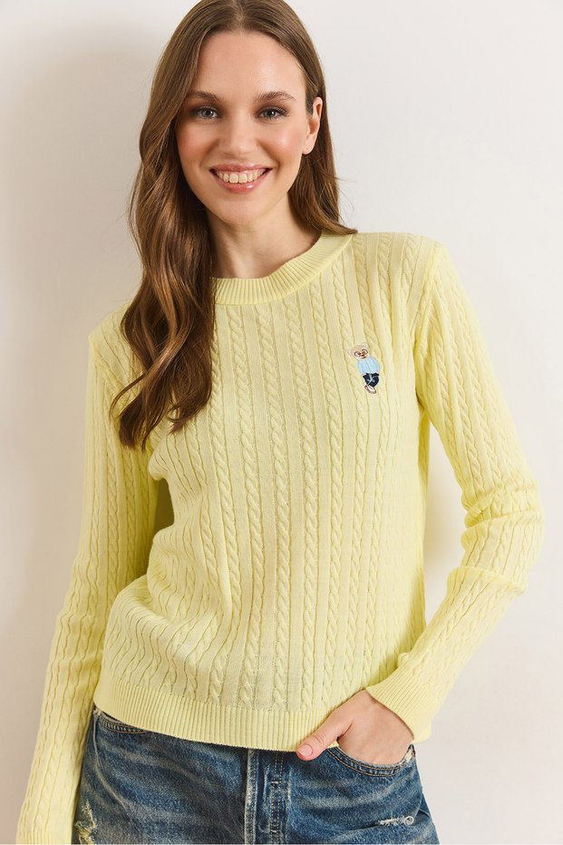 Women's Yellow Teddy Bear Embroidered Hair Braided Seasonal Knitwear Blouse Blz-19003223