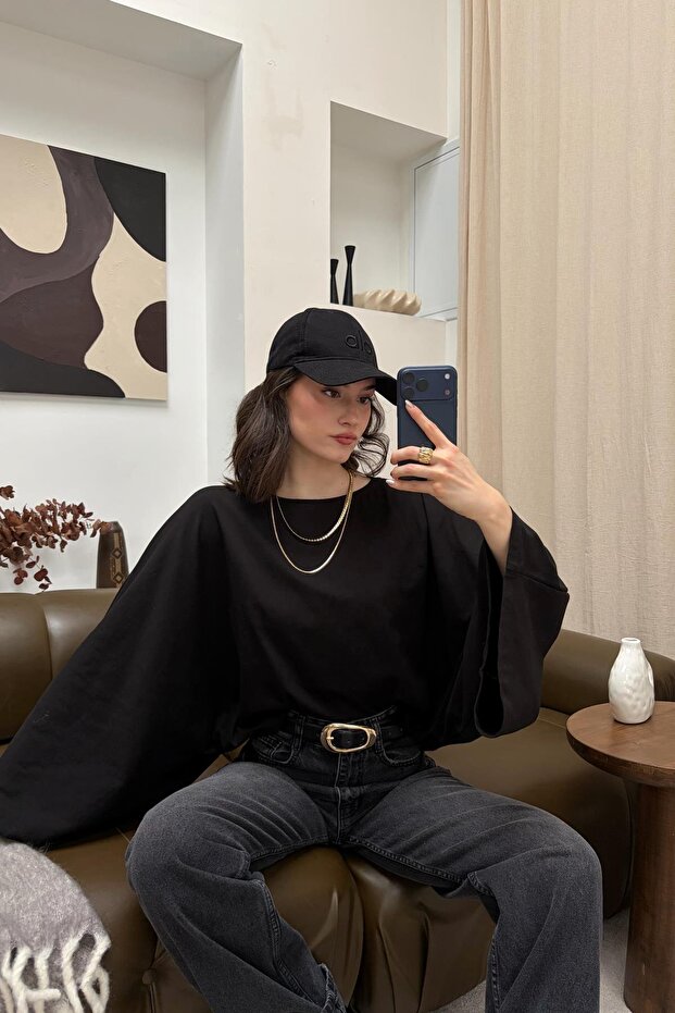 Yarasa Kol Basic Bluz Siyah - 1