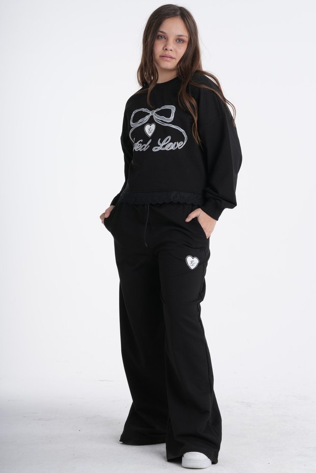 Girl's Black Lace Detailed Wide-Leg Printed Top and Bottom Tracksuit Set
