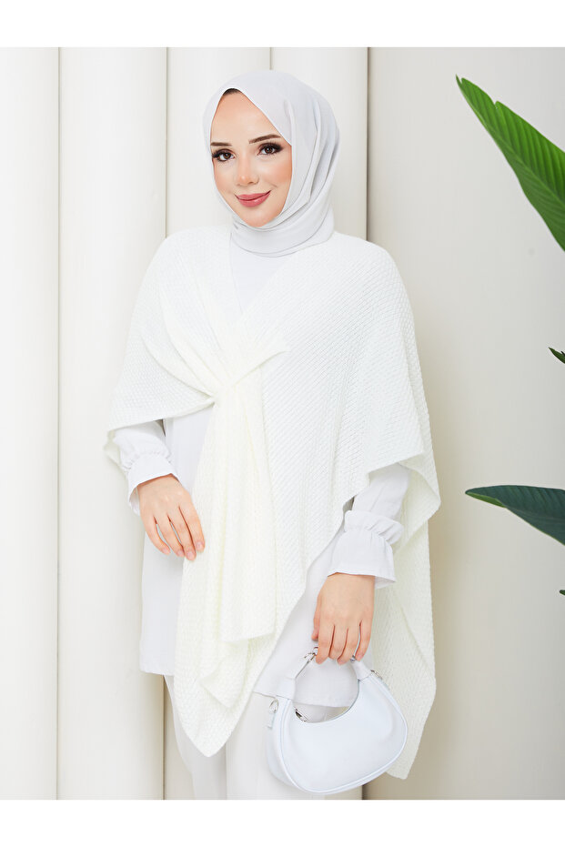 Women's Ecru Front Detailed Poncho Cardigan