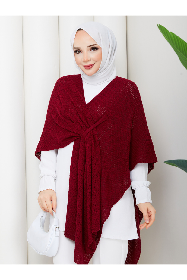 Women's Burgundy Front Detailed Poncho Cardigan