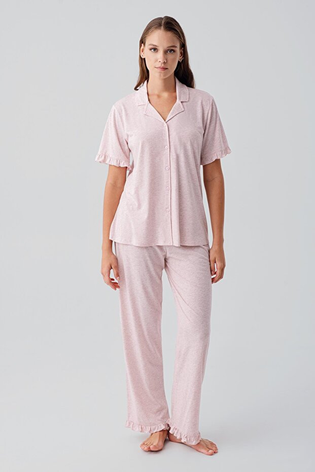 Short Sleeve Buttoned Ruffle Cotton Pajama Set