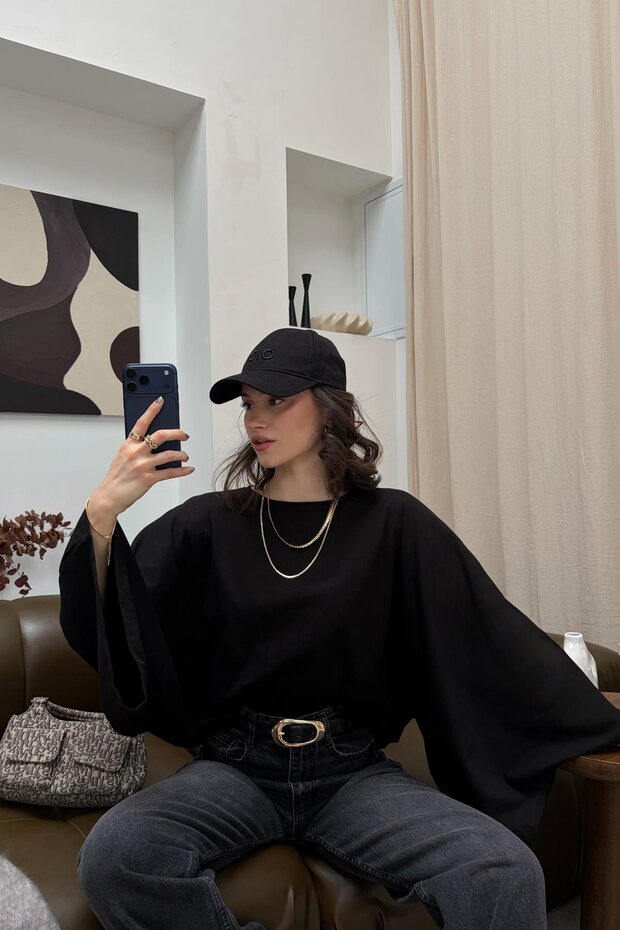 Yarasa Kol Basic Bluz Siyah - 5