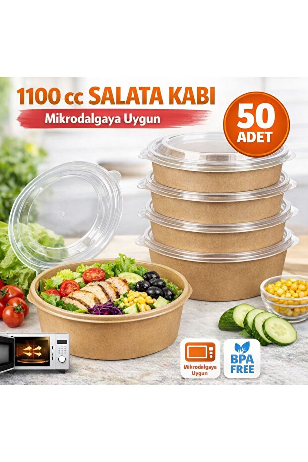 AMBALAJPACK 1100 cc Kraft Salata,Bowl Kabı + Kapak | 50 Adet (Mikrodalgaya uygun) SICAK ÜRÜN