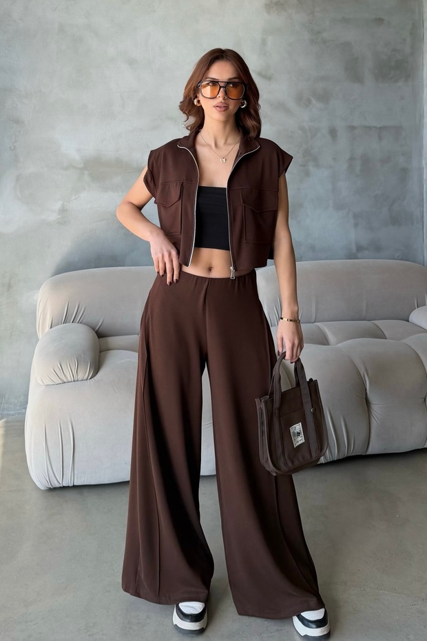 Women's Brown Soft Modal Textured Vest Wide Leg Pants Bottom Top Sports Set