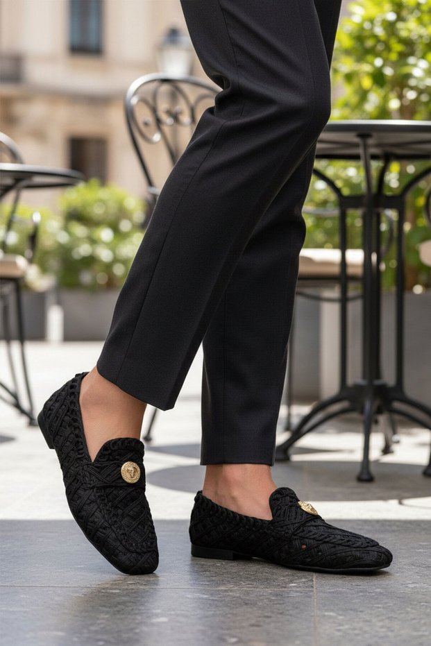 Black Straw Weave Lightweight Stretchy Women's Ballet Flats Shoes 666157 Z