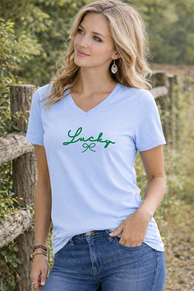 V-Neck Women's T-Shirt Lucky Printed – Comfortable Fit Daily Combination