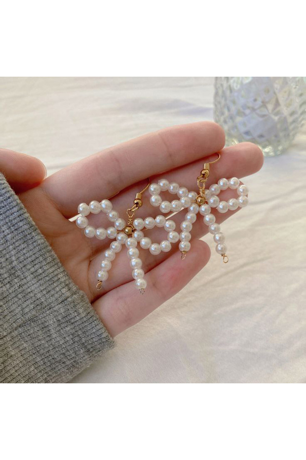 White Color Pearl Bow Women's Earrings