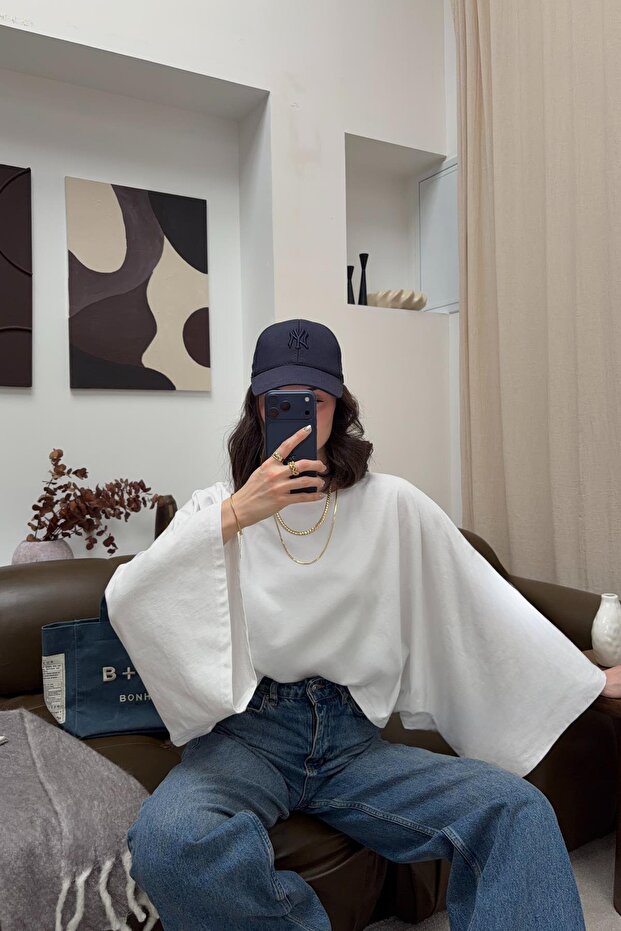 Yarasa Kol Basic Bluz Beyaz - 4