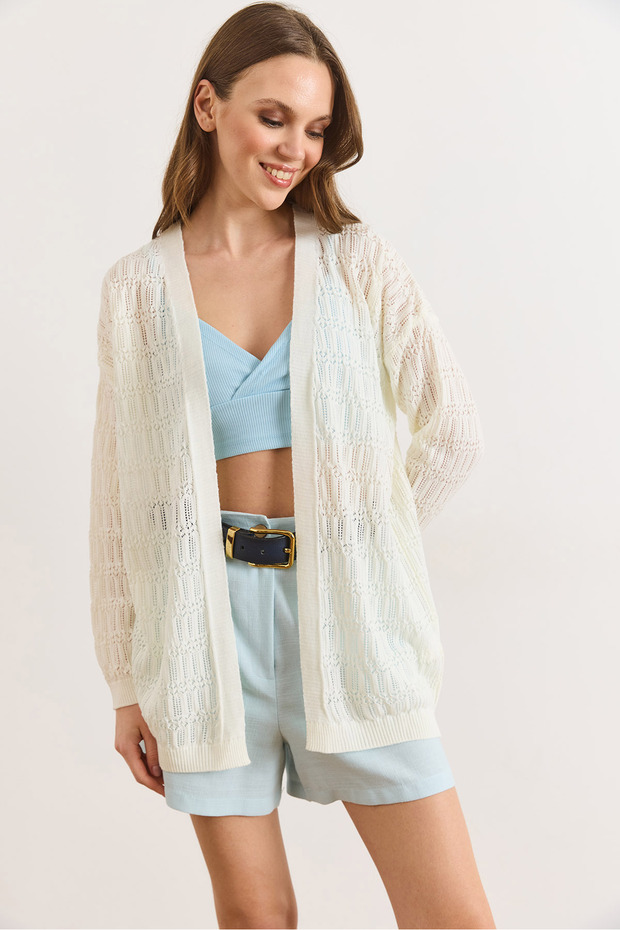 Women's Ecru Stripe Patterned Openwork Seasonal Knitwear Cardigan Hrk-19000472