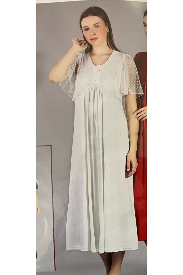 Tulle Detailed Short Sleeve Women's Nightgown Ecru