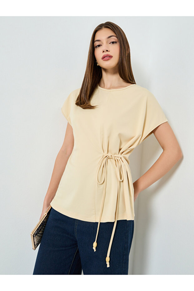 Beige Solid Loose Side Tie Blouse - 1