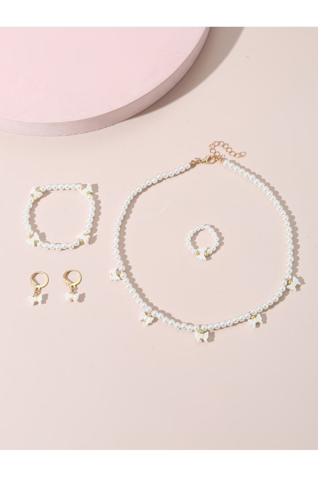 Set of 4 - Bow Pendant Faux Pearl Necklace, Bracelet, Earrings and Ring