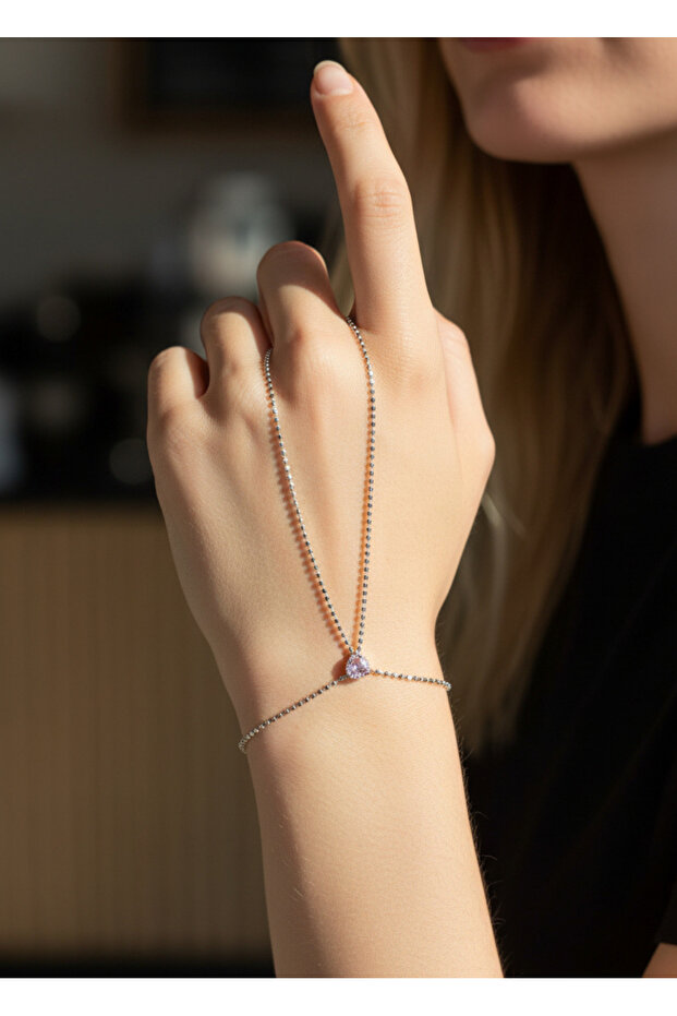 Vip Silver Pink Heart Stone Design Şahmeran - 26Shm54