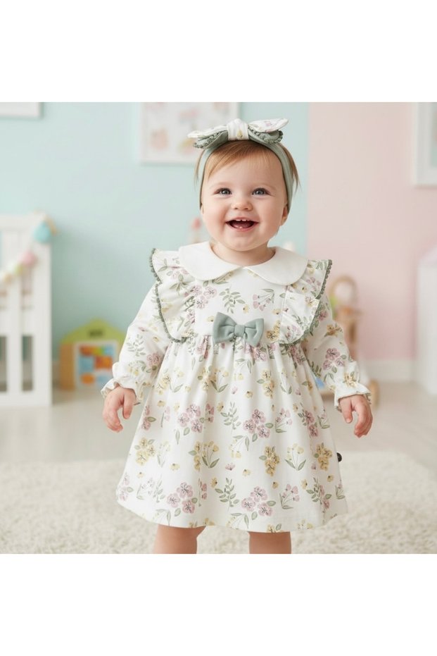 Girl's floral print dress with bow-detailed bandana