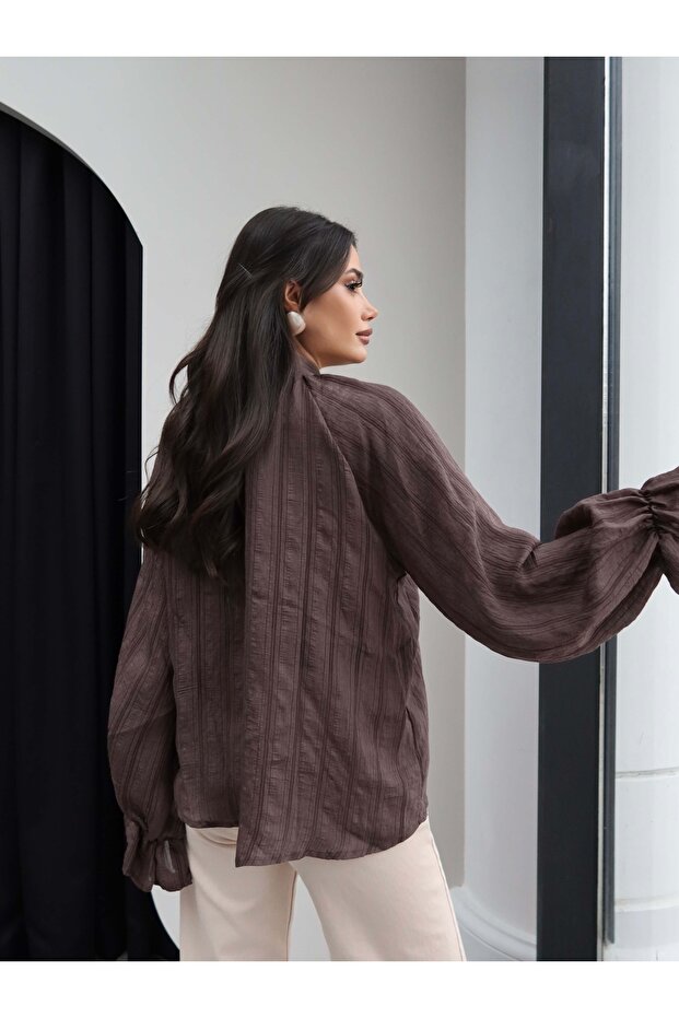 Fular Yakalı Oversize Gömlek - 5