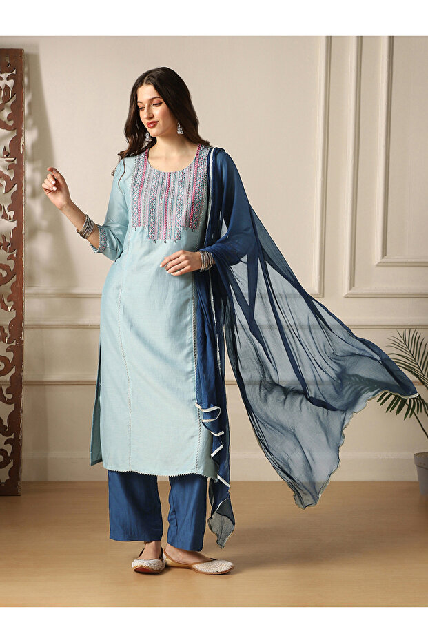 Embroidered Yoke Straight Kurta, Pants and Dupatta Festive Set