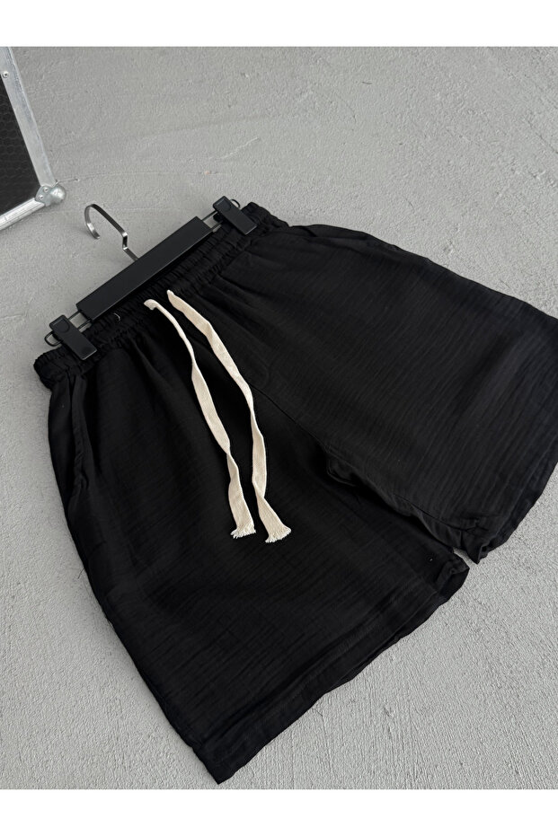 Siyah Müslin Kumaş Basic Şort KE-7002 - 3
