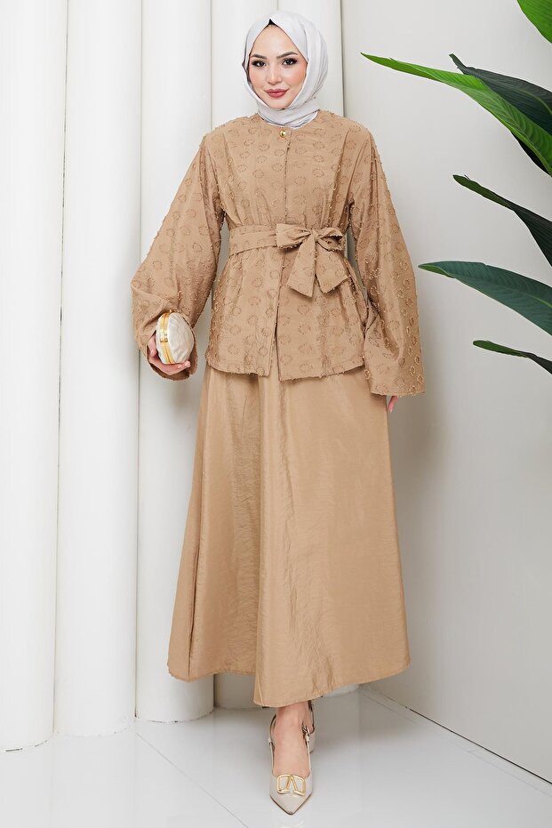 طقم مزدوج بنقش حلقي بيج HM2881 - 1