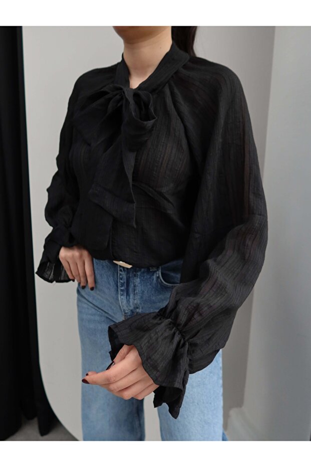 Fular Yakalı Oversize Gömlek - 3