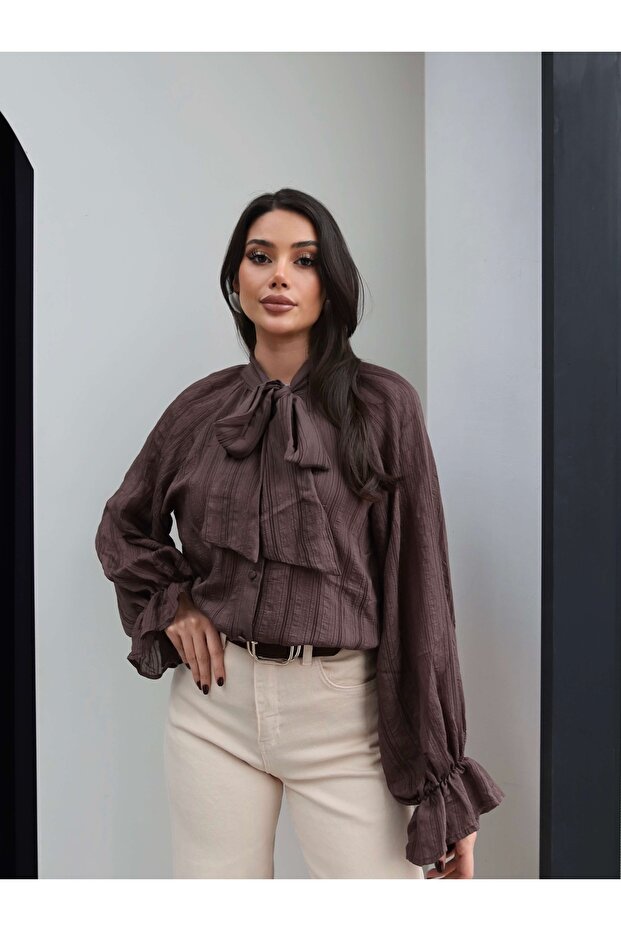 Fular Yakalı Oversize Gömlek - 1