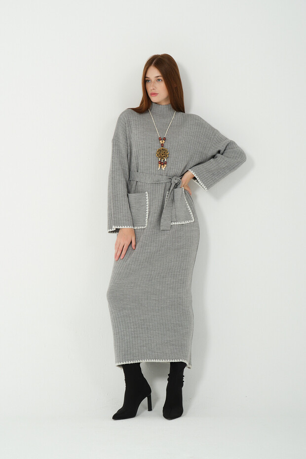 Hatunatila Crochet Knitwear Dress with Belt and Necklace 5106 Gray