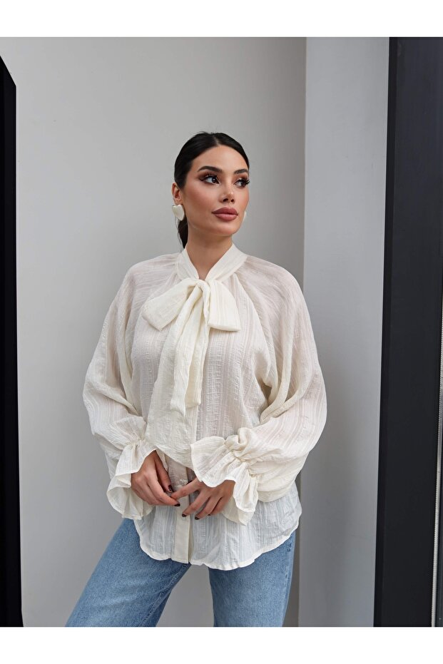 Fular Yakalı Oversize Gömlek - 1